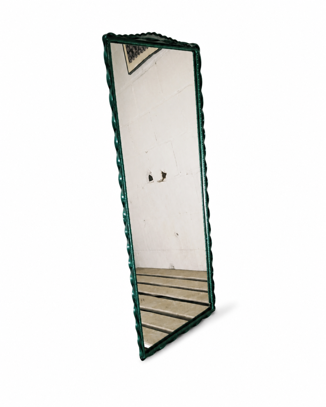 Vintage Polish Steel Mirror — Green Scrollwork Frame — PRL — 1960s